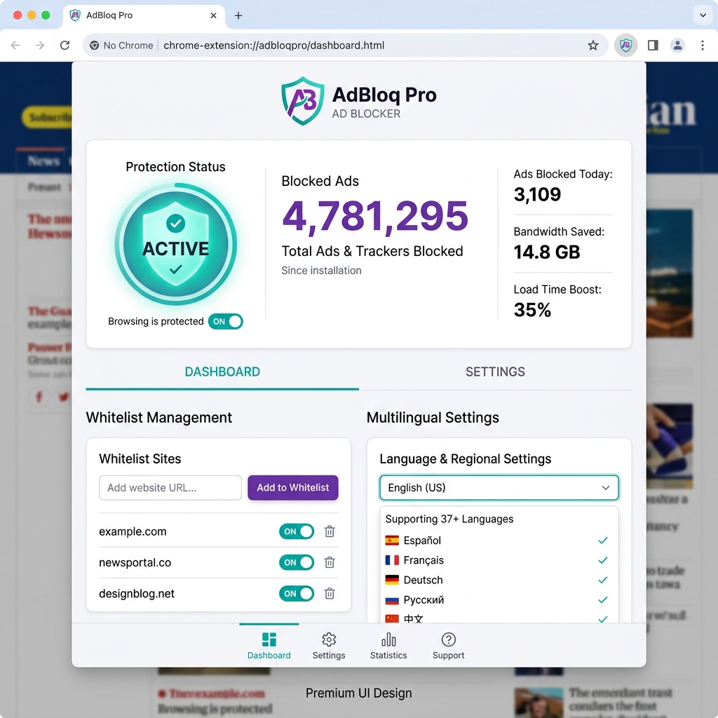 Dashboard do AdBloq Pro