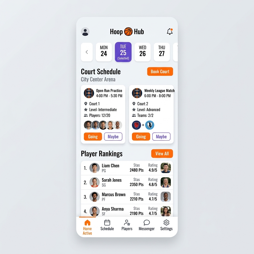 Interface do app Organizador de Basquete