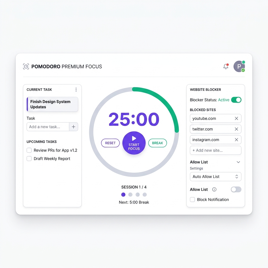 Interface do Pomodoro Premium Focus